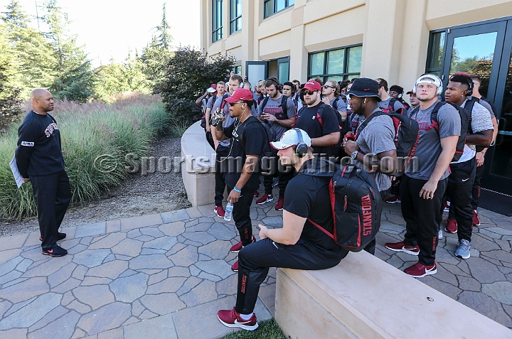 20180831SanDiegoatStanford-01.JPG - Stanford Cardinal head coach David Shaw (left) prepares to lead the team on The Walk prior to an NCAA football game against the San Diego State Aztecs in Stanford, Calif. on Friday, Aug. 31, 2018. 